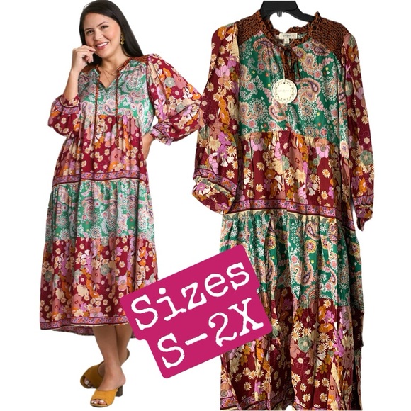 Umgee Dresses & Skirts - NWT Umgee Boutique Boho Hippy Floral Print Dress S-2X green burgundy mix